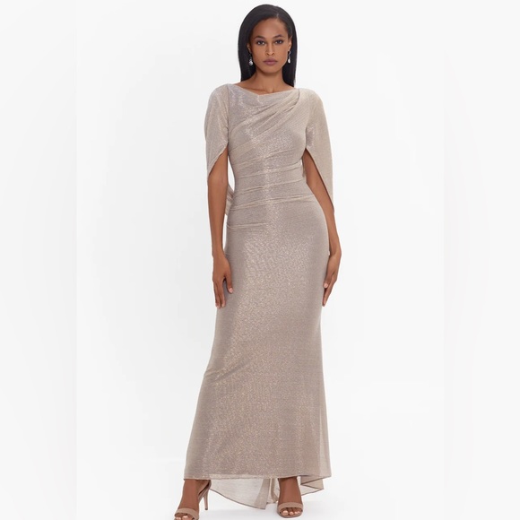 Betsy Adam Gold Drape Back Detail Sleeve Round Neck Metallic Crinkle Ruched Gown - Picture 1 of 9